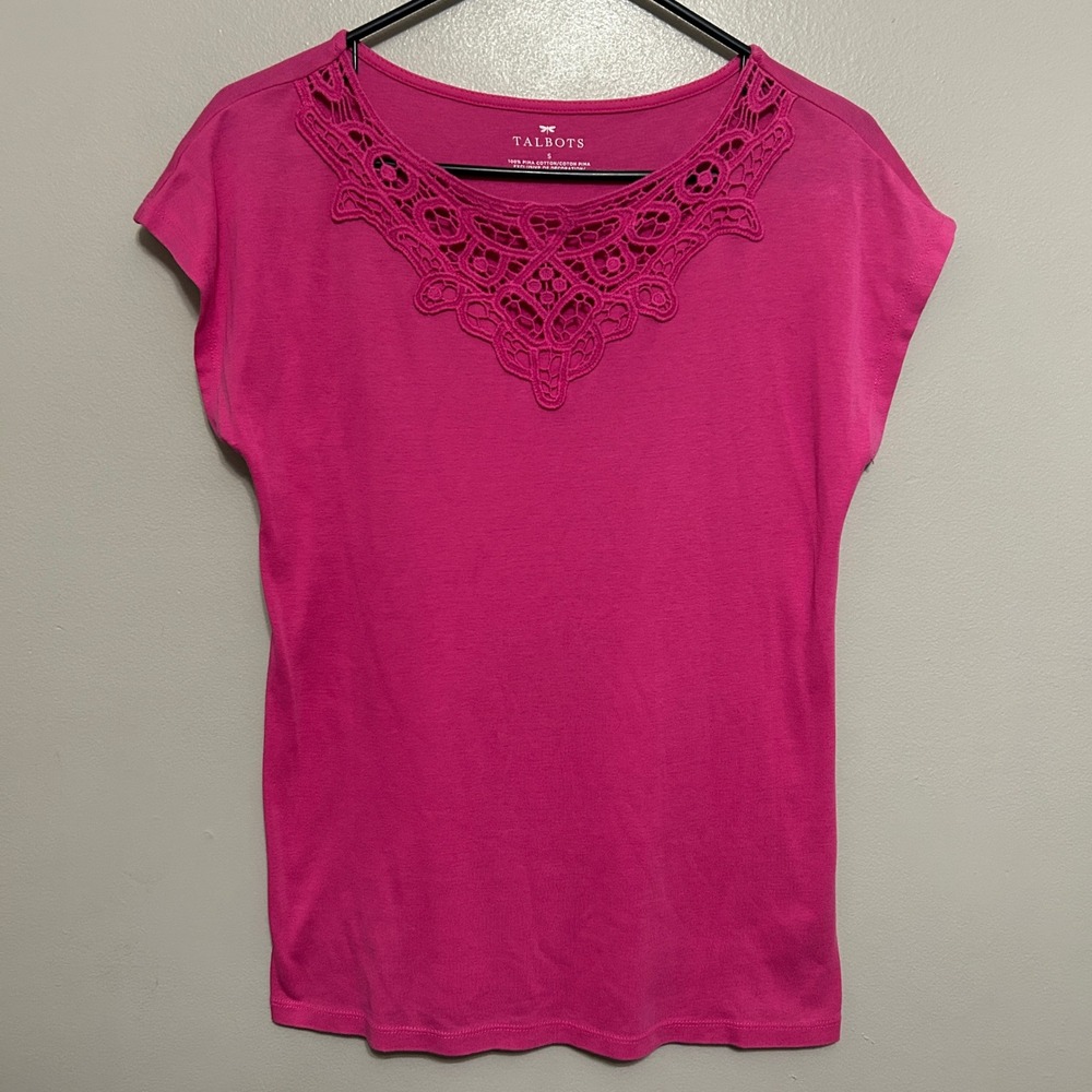 Talbots Blouse S Pink Crochet Lace Pima Cotton Cap Sleeve Barbiecore Coastal Y2k